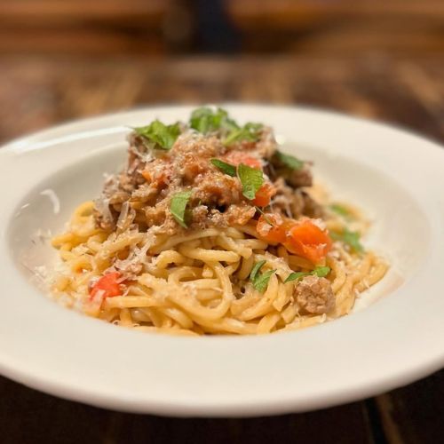 鴨肉と新ゴボウのトマト煮込みソース スパゲッティ